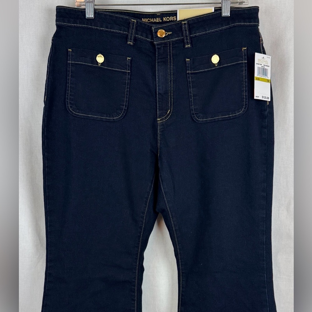 Michael Kors Dark Selma Flare Patch pocket Blue Denim Indigo Boot Cut Jeans 14